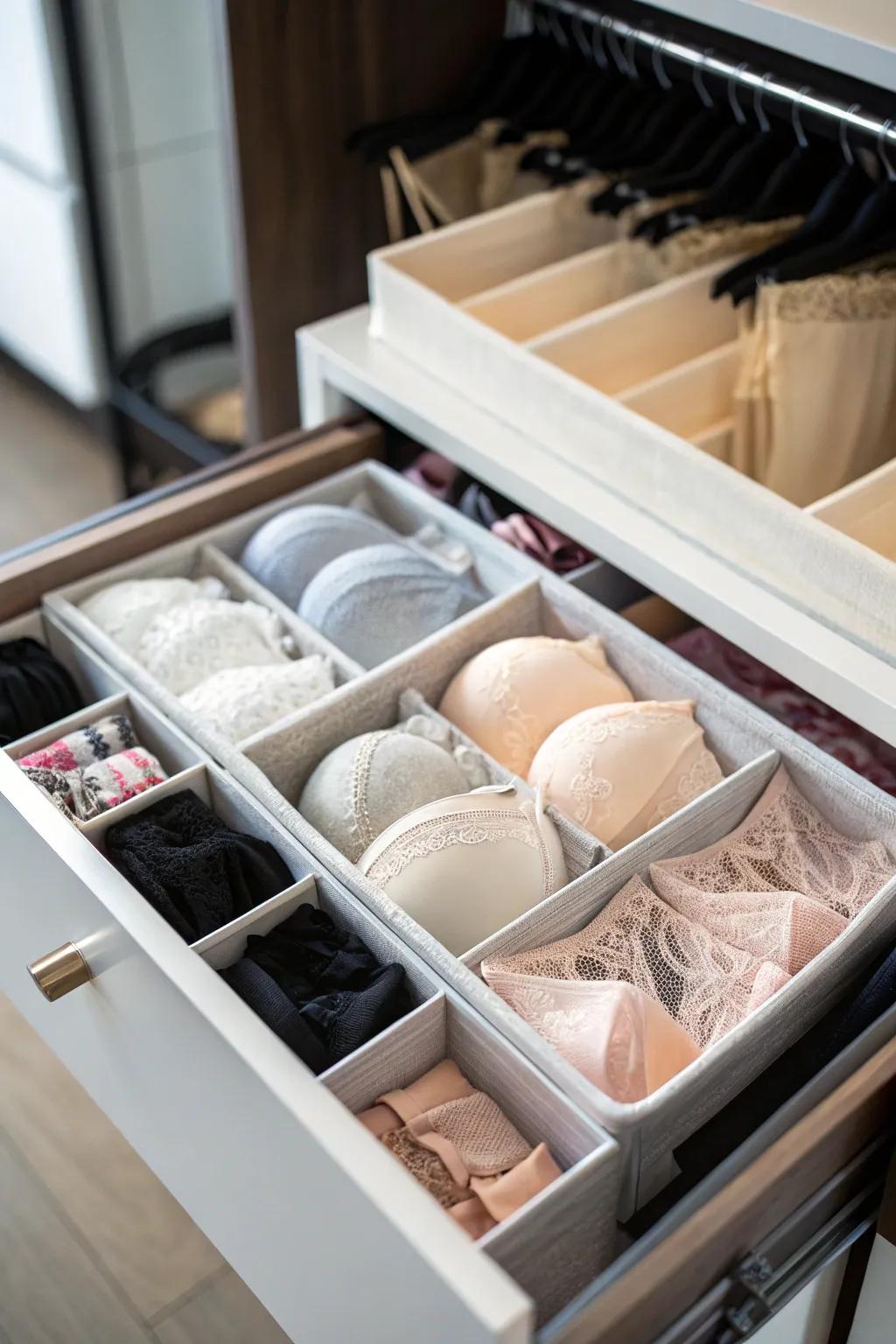 Drawer organizers ensure your lingerie is neatly arranged and easily accessible.