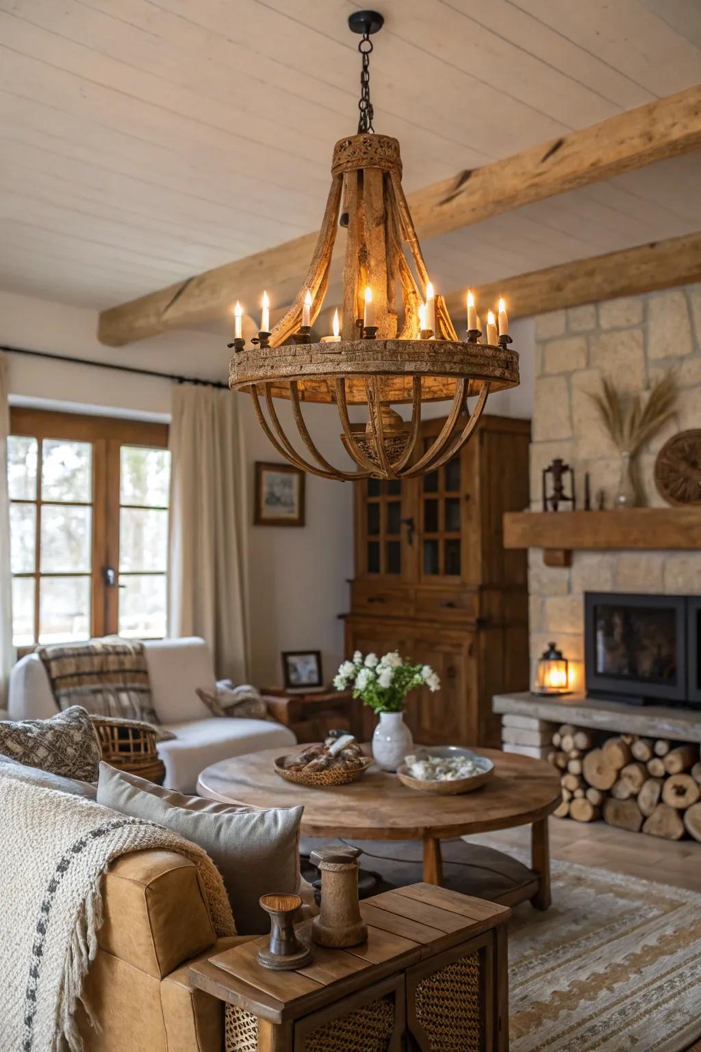 A cozy living room with a rough overhead light that includes wood details.