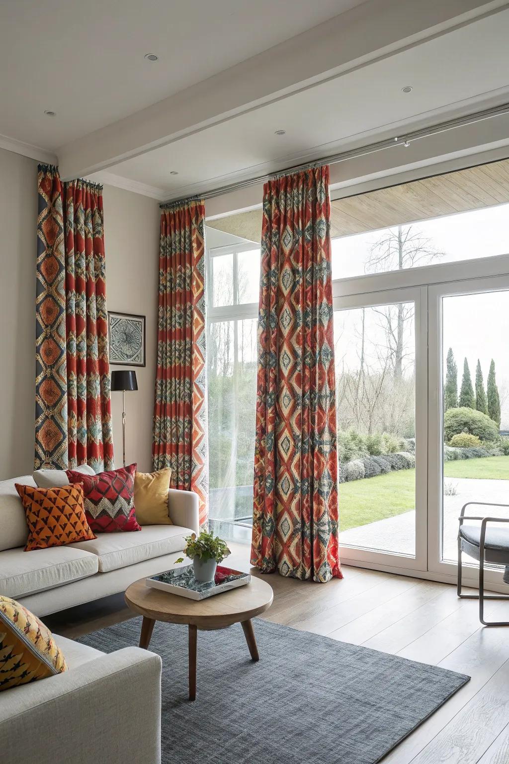 Curtains boasting audacious patterns can function as a captivating focal element within your living space.
