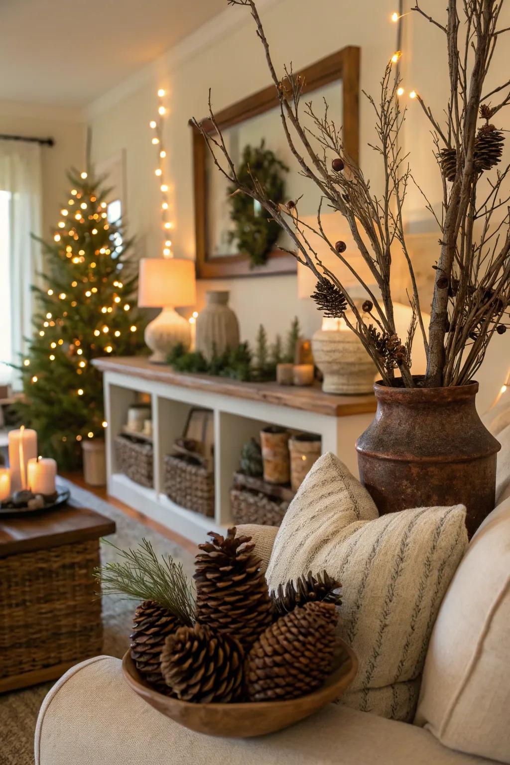 An earthy fall atmosphere is created by natural accents like pine cones and branches.