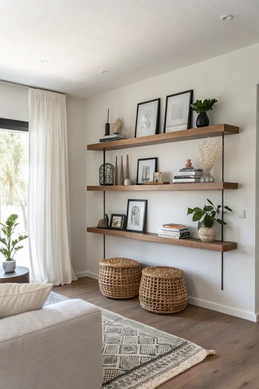 Adopt simplicity using smooth floating shelves.
