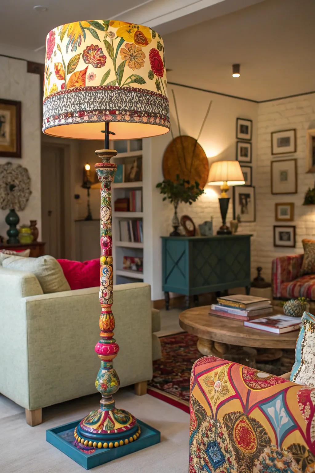 A vibrant family room with a colorful standing lamp as a fun accent.
