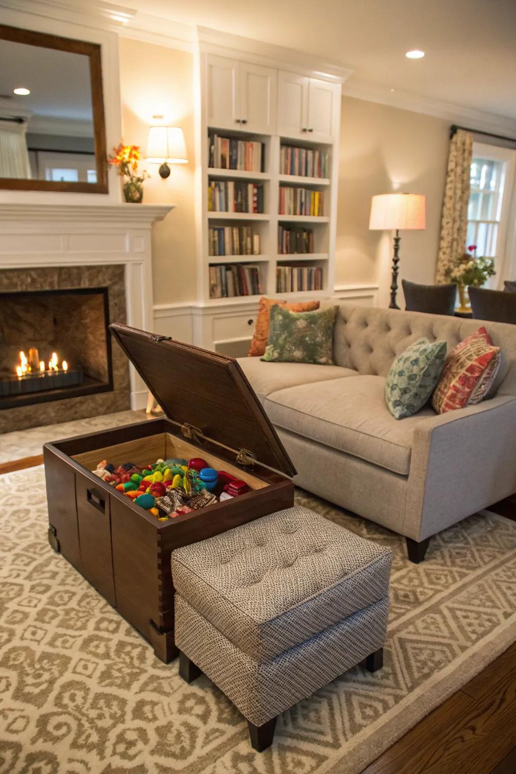 A storage ottoman provides hidden toy storage and extra seating.