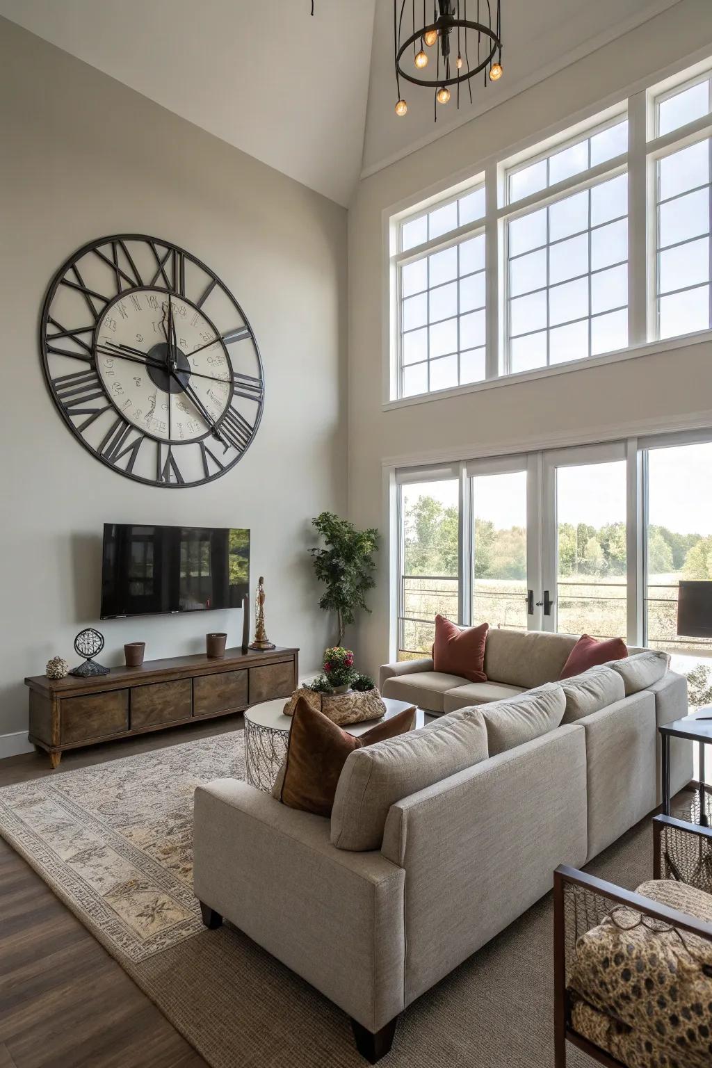 A sizable wall clock creates a bold statement in a modern living room.