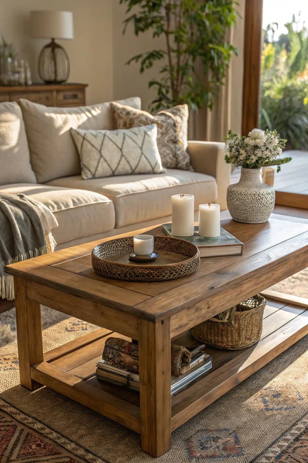 A wooden coffee table adds a touch of warmth and natural elegance to your living room setup.