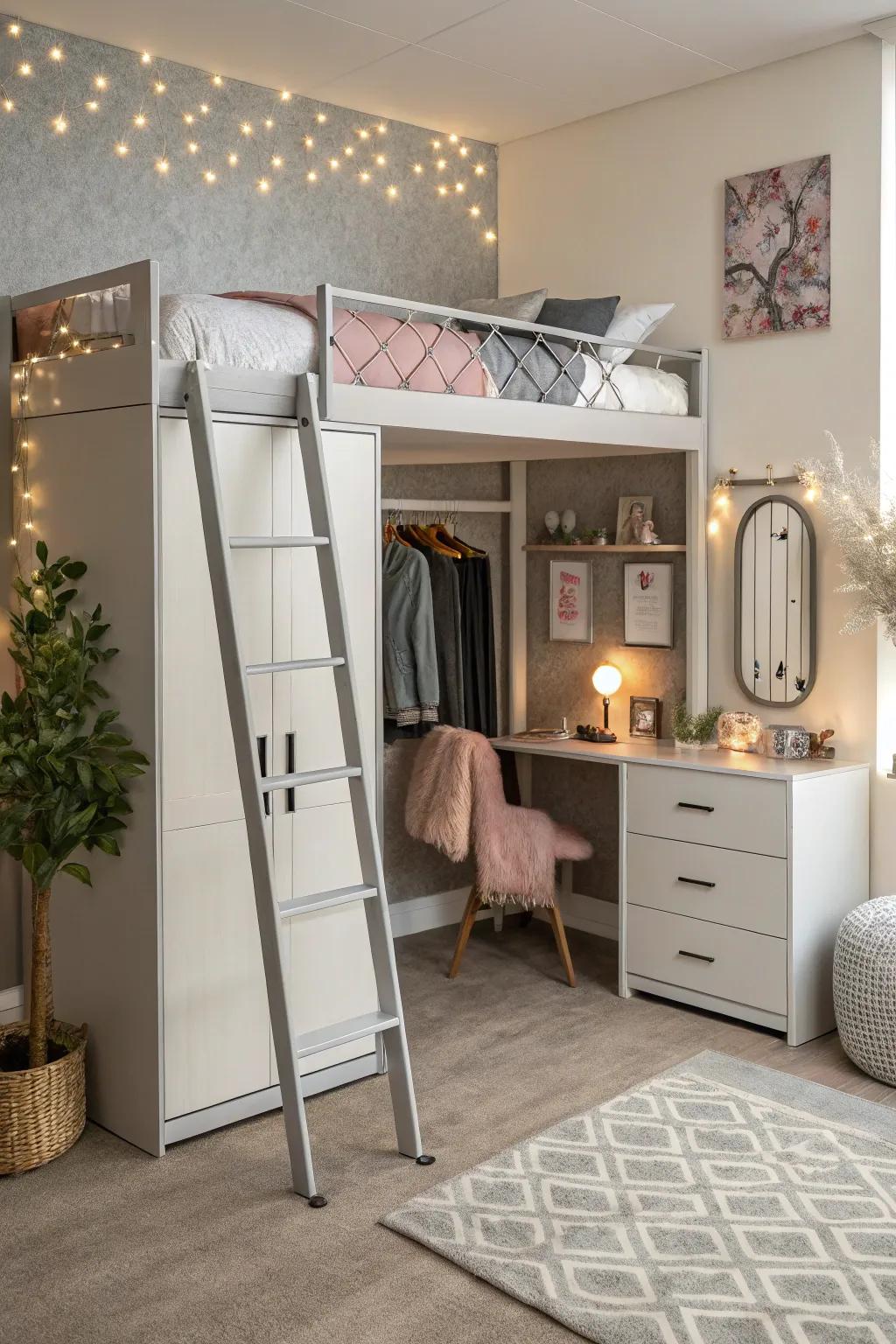 A high sleeper that cleverly incorporates a wardrobe and dressing zone.