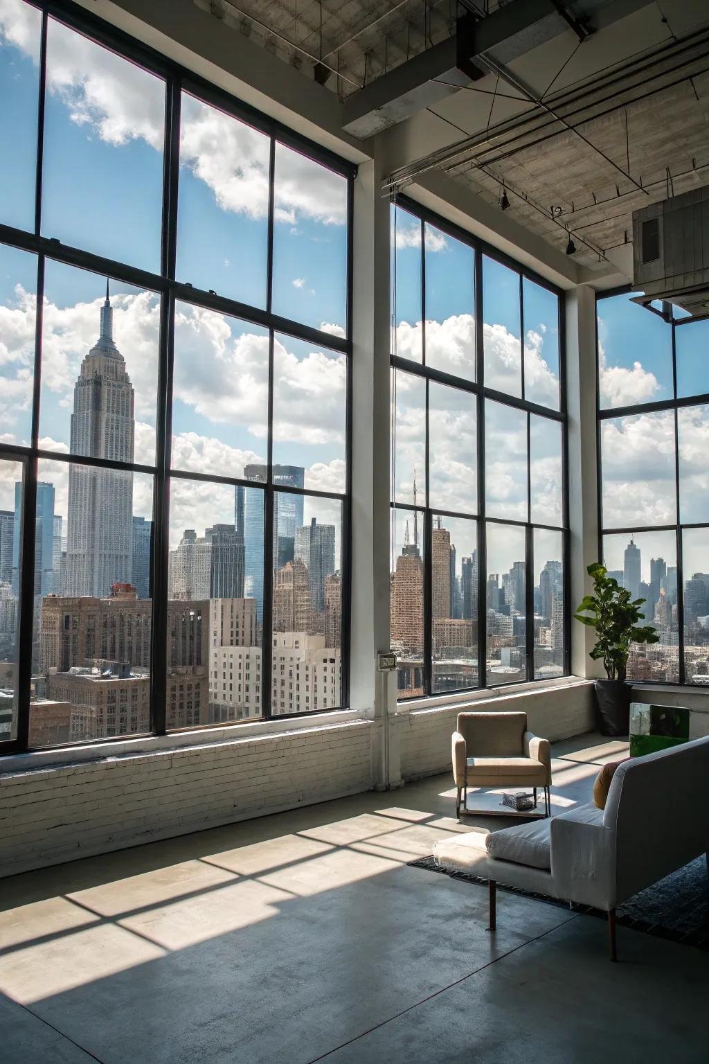 Radiant loft area featuring expansive, sun-filled windows.