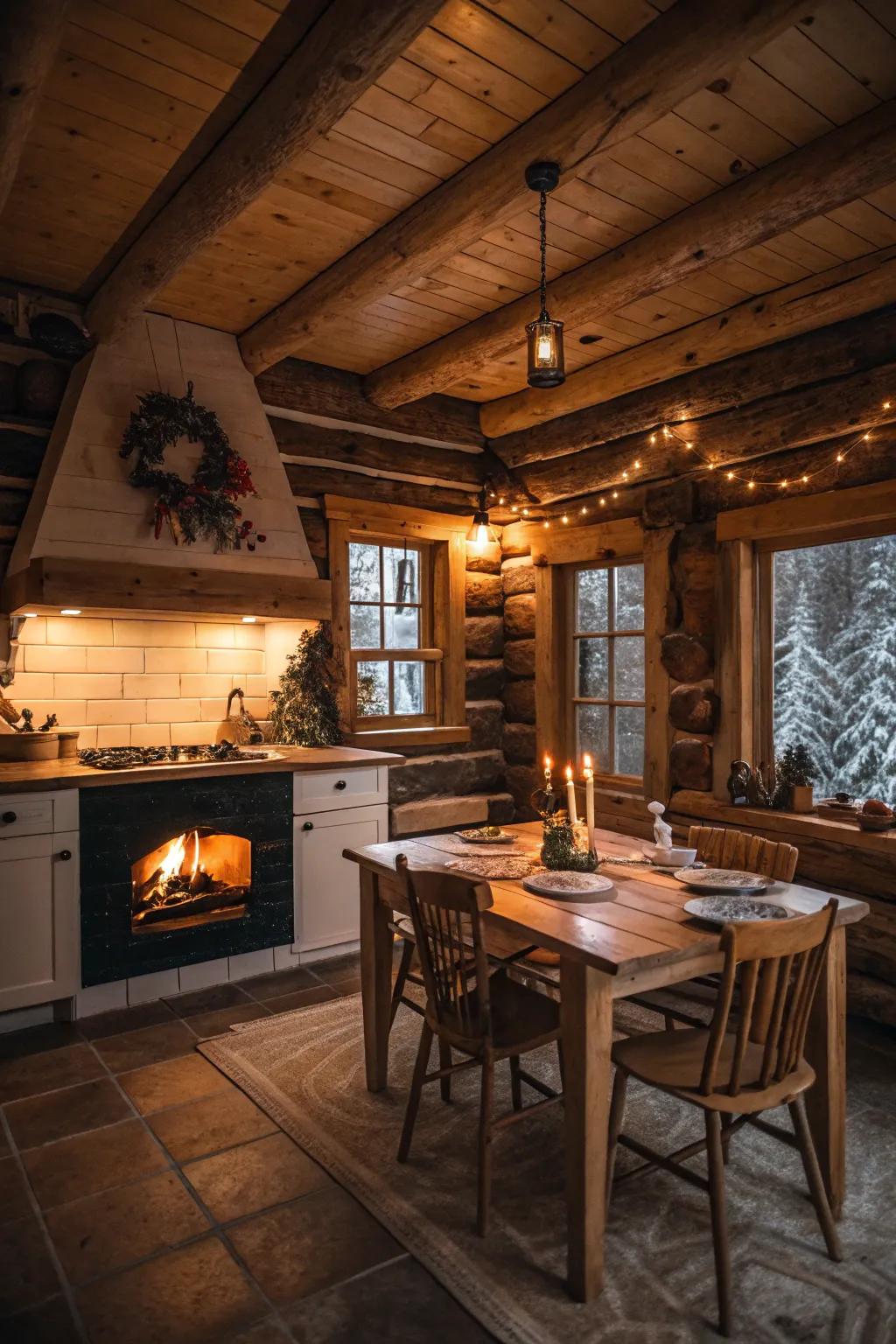 Warm ambient lighting enriching the inviting feel of a log cabin kitchen.