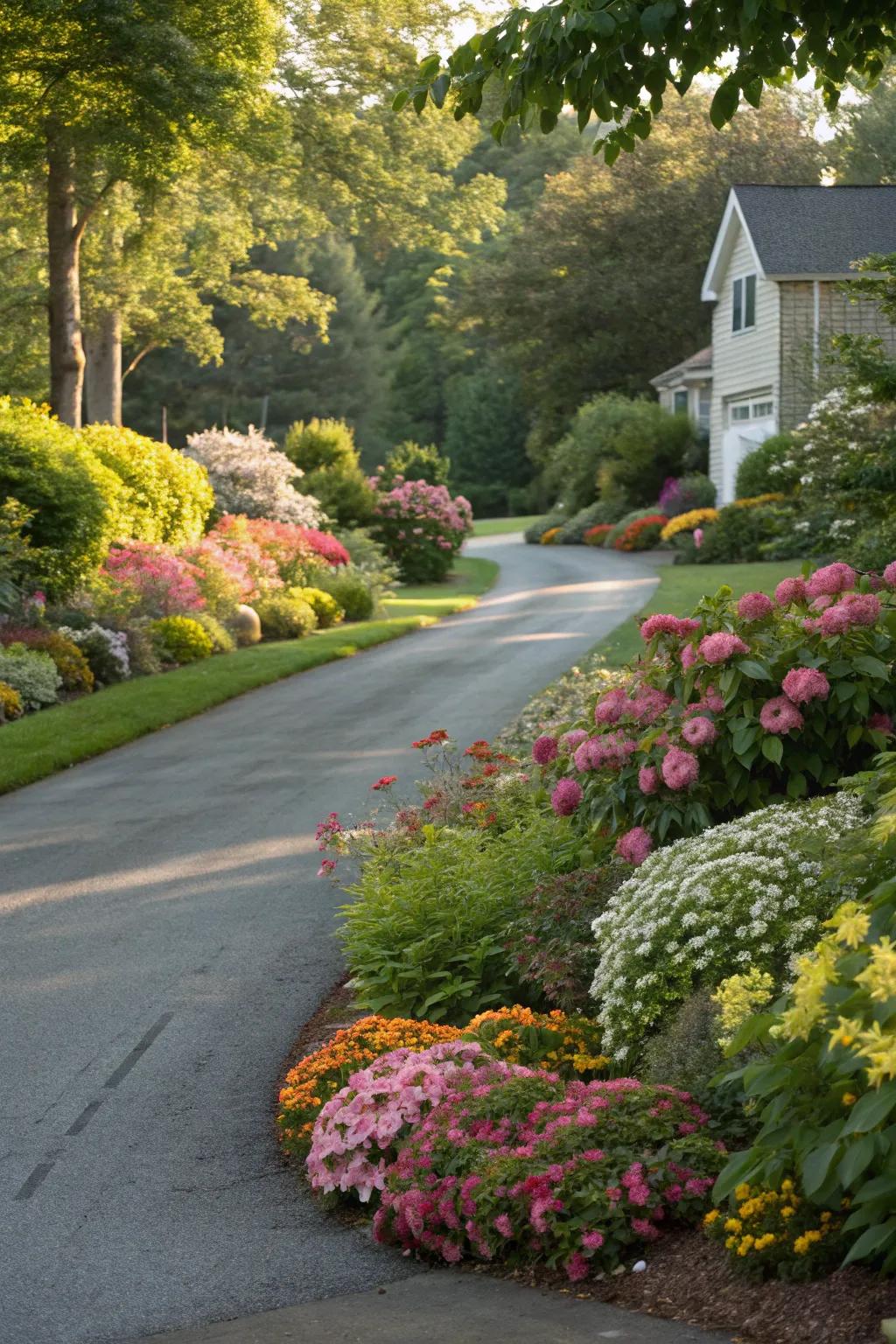 A lively floral border transforms this driveway into a garden path.