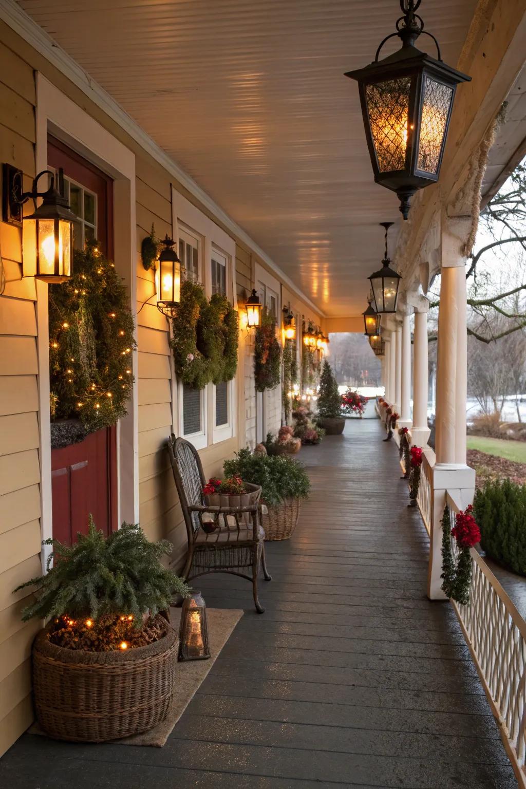 Decorative accents bestow individual charm upon a lengthy porch.