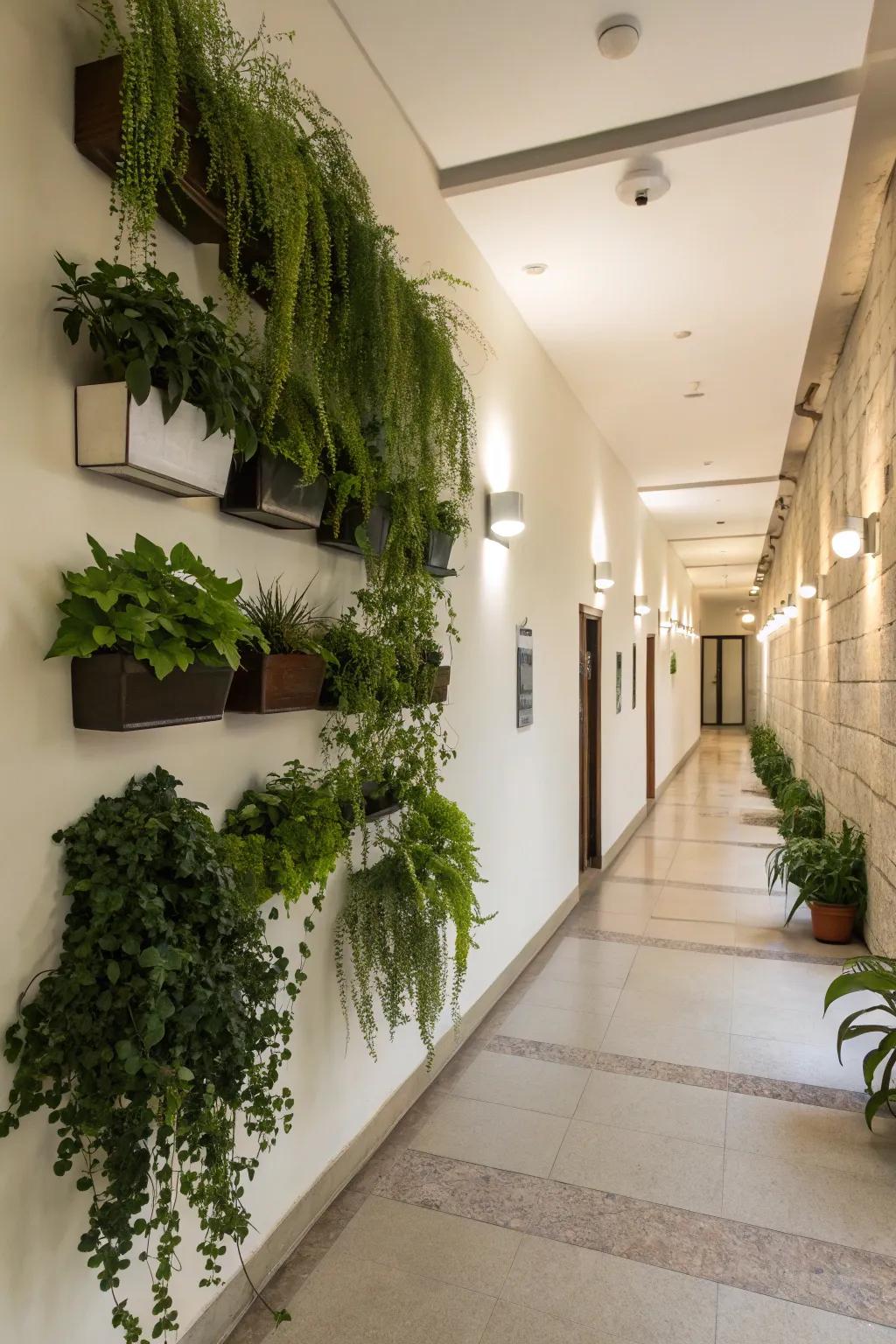 Greenery can add a rejuvenating and vibrant touch to a hallway.