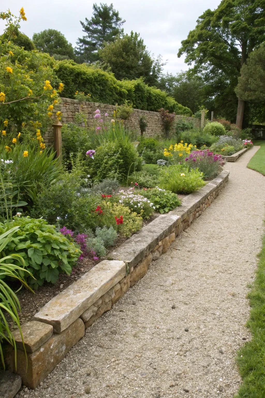Clearly defined garden areas achieved with stone edging for a polished appearance.