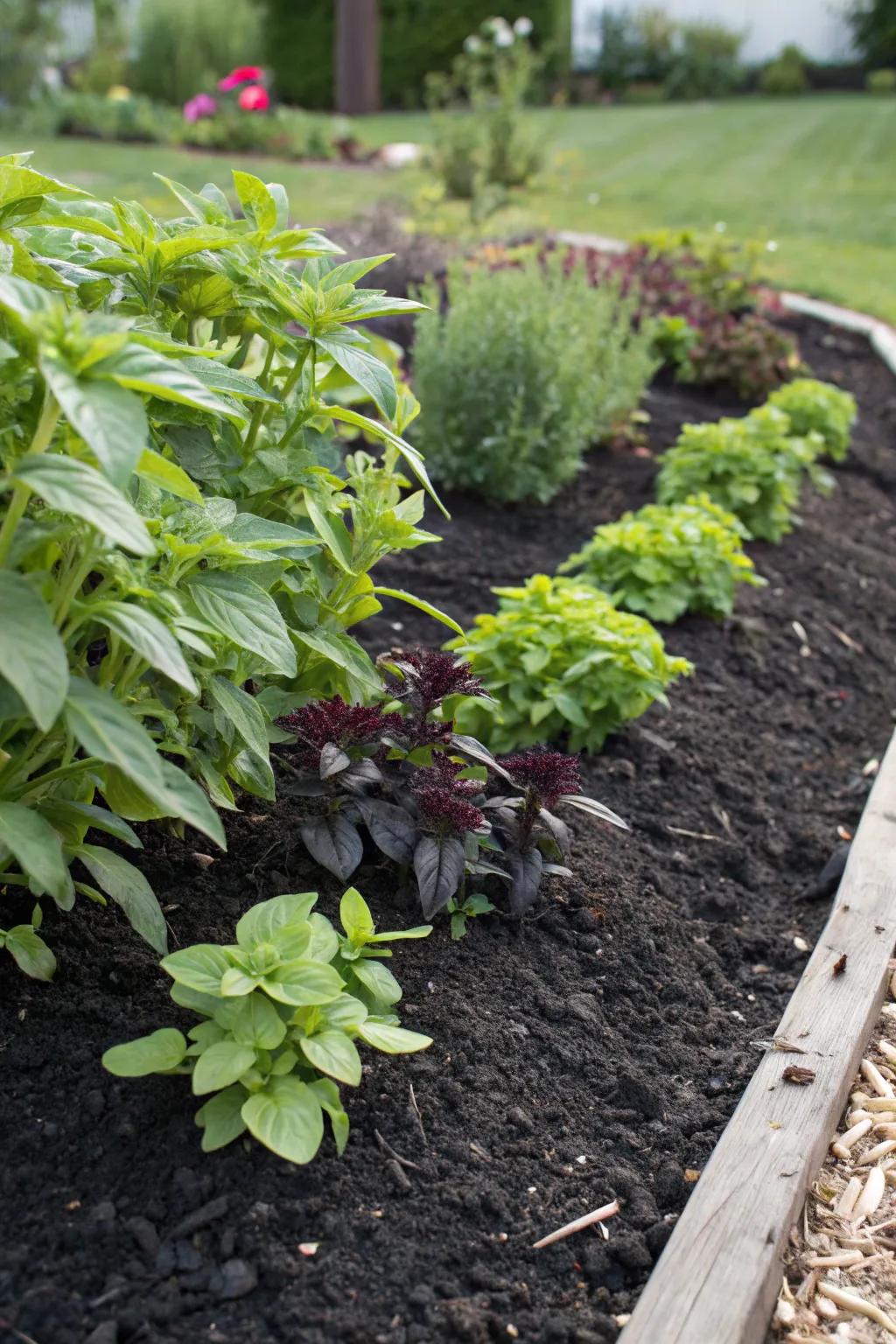 Mulched beds help retain moisture and reduce weeds.