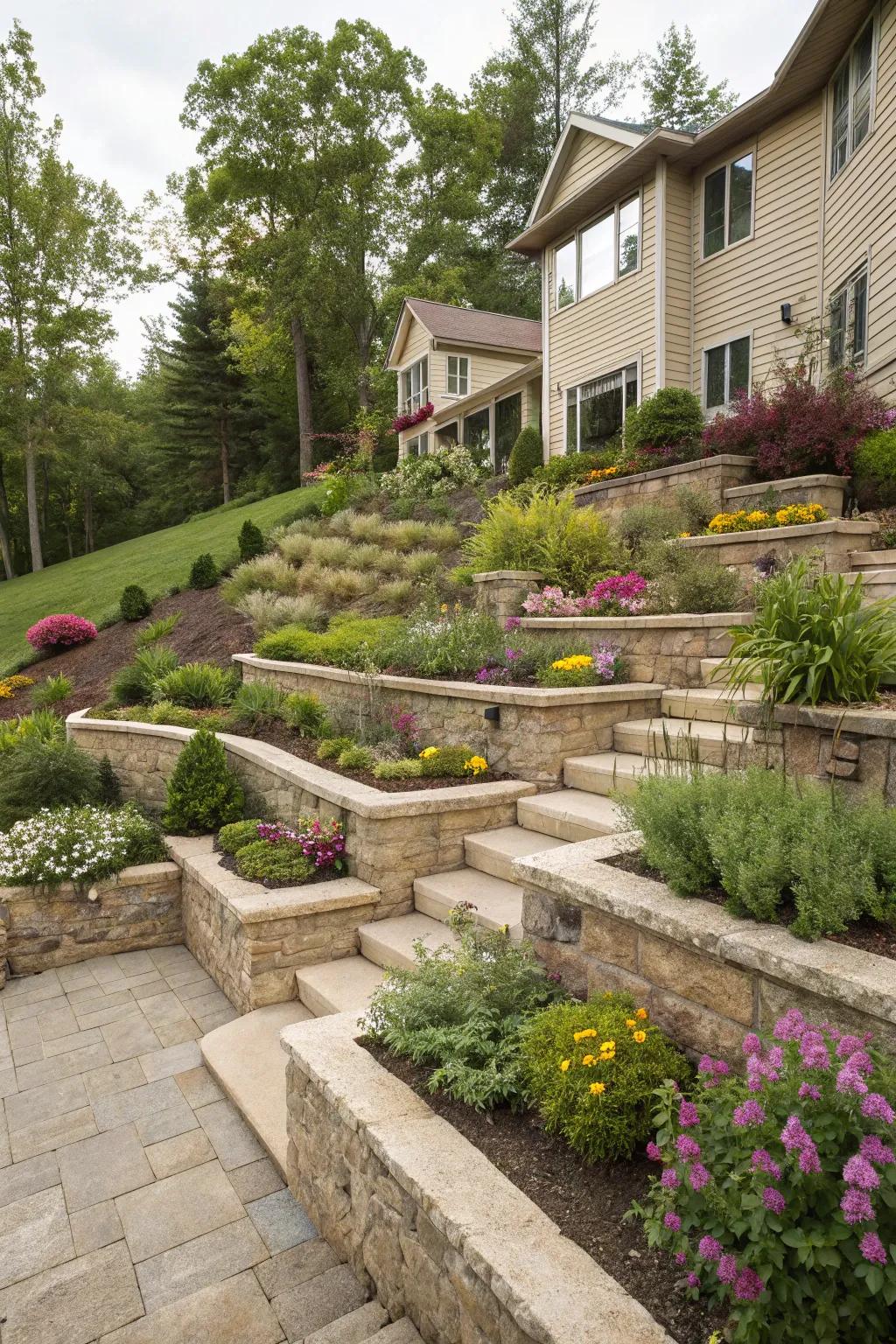 Terracing offers a blend of functionality and visual allure for sloped yards.