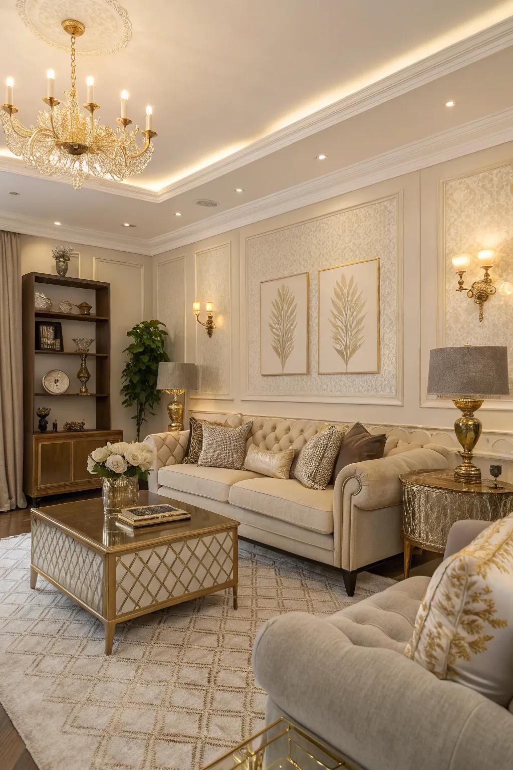 Gilded details provide a deluxe hint to this neutrally themed living space.