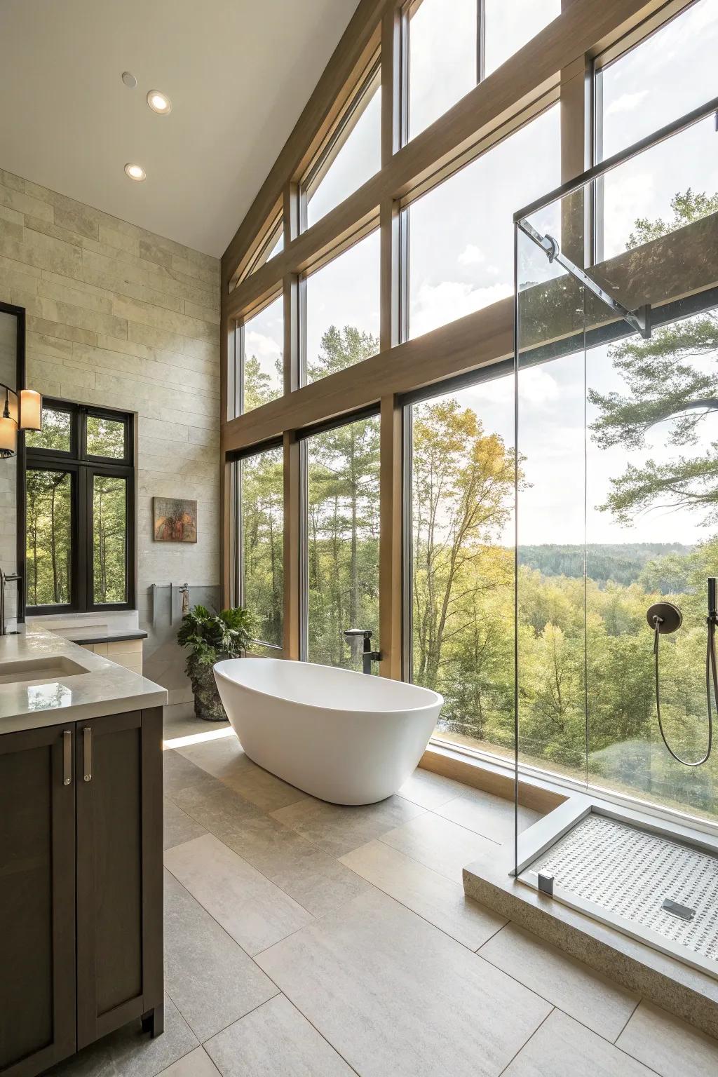 Grand windows bring natural light and peace into the bathroom.