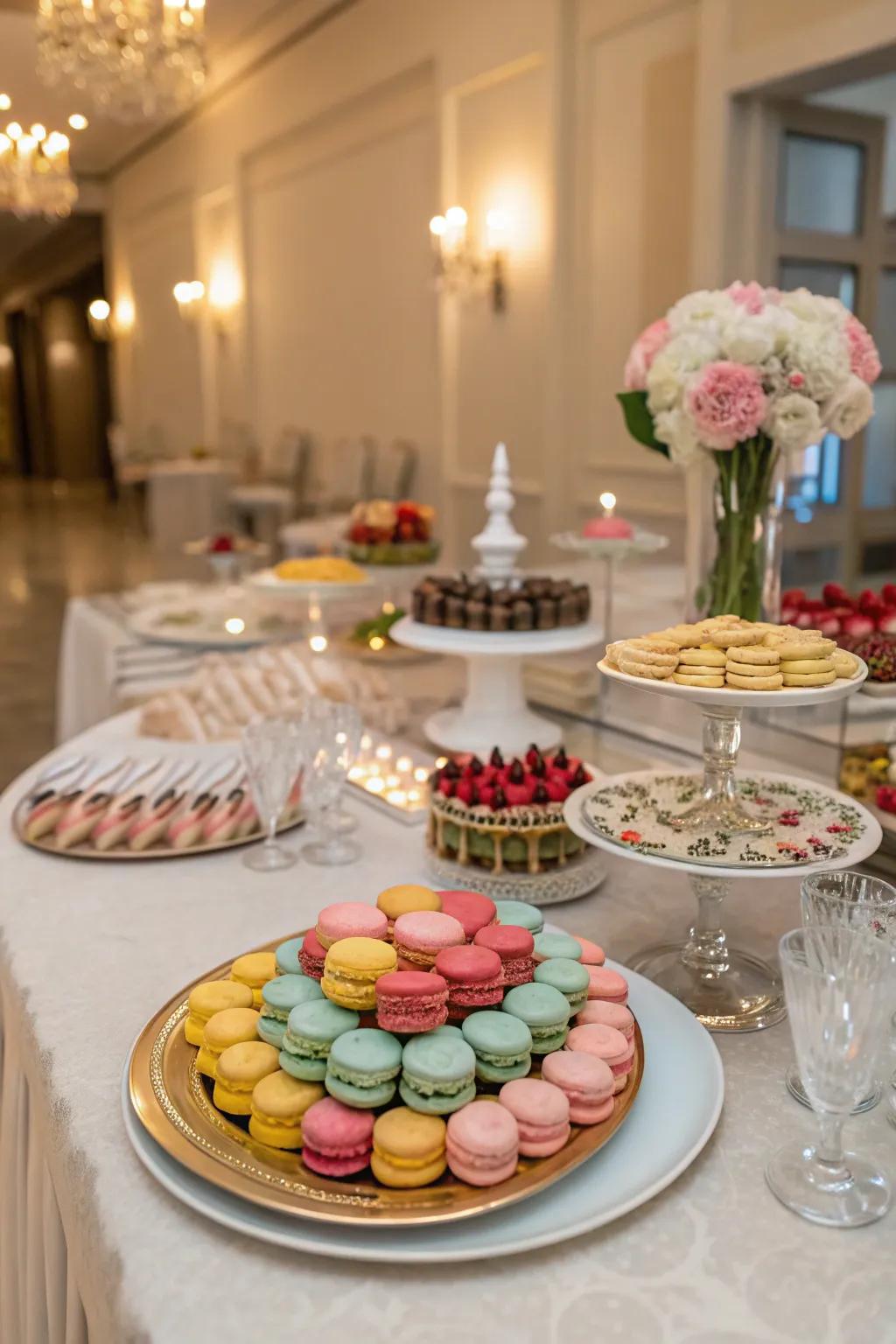 A treat station showcasing macarons and assorted sweets.