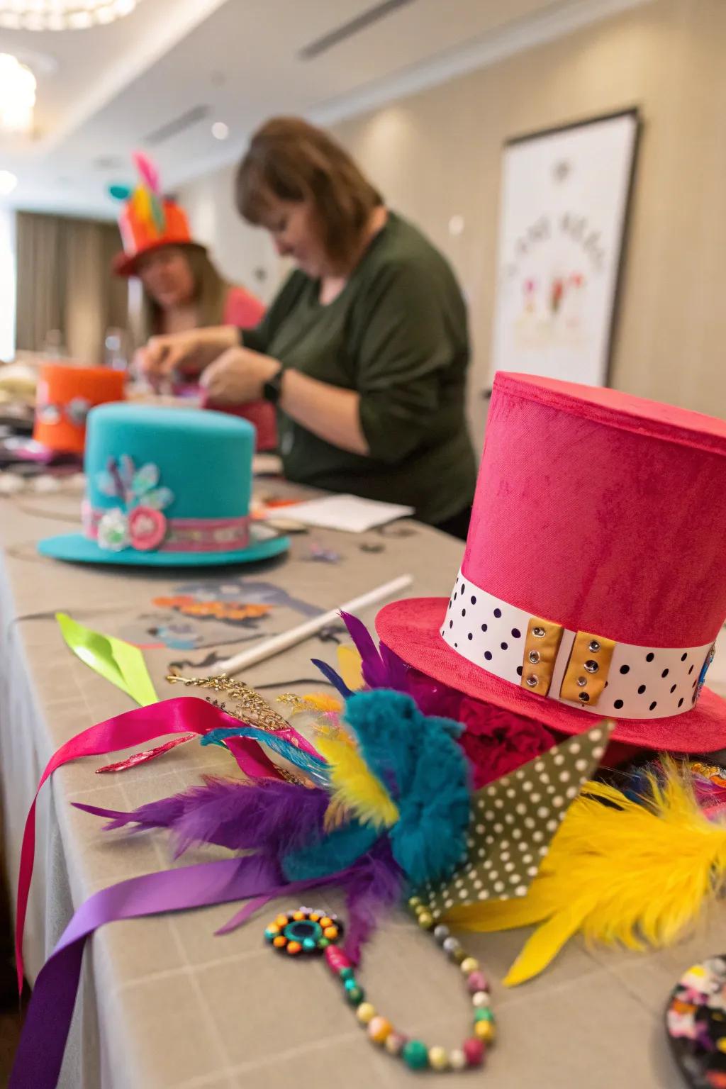 An art area with materials for decorating individual Hatter headwear.