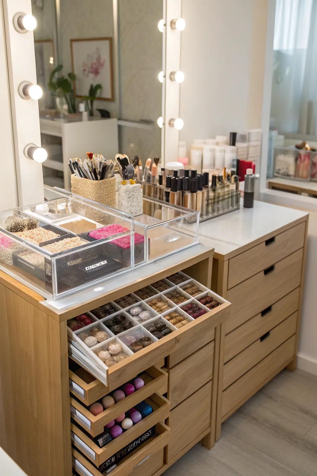 Elegant storage solutions maintain a pristine space.