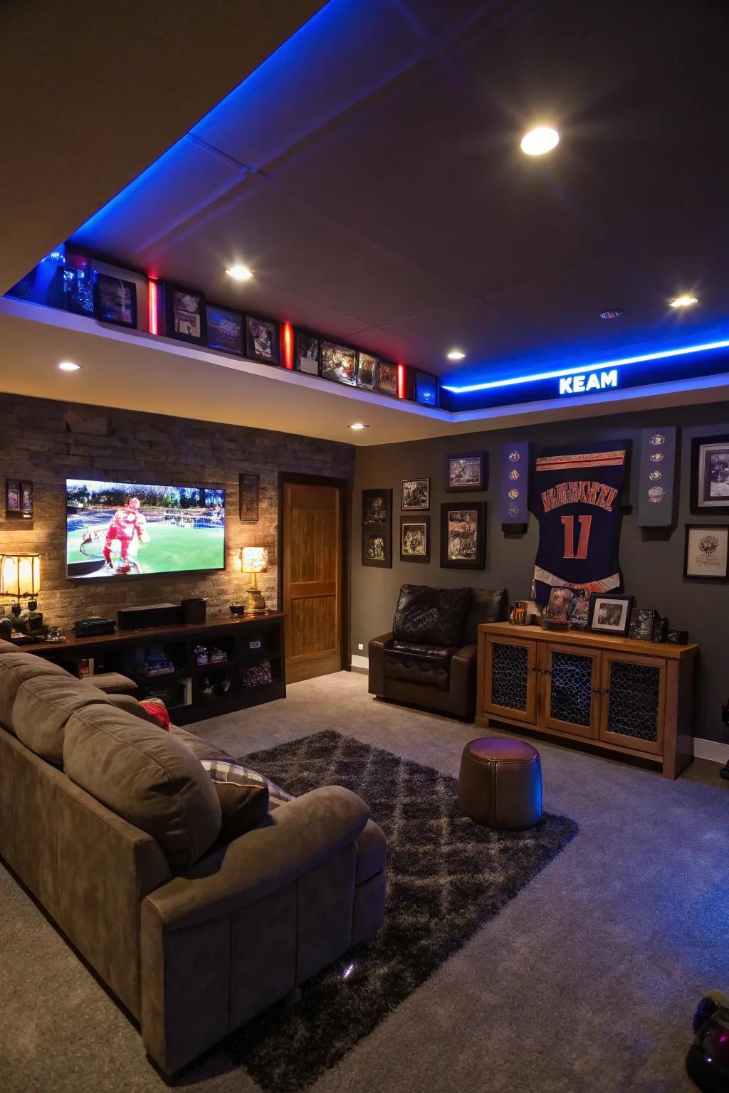 Ambient lighting makes a relaxing atmosphere in this man cave.