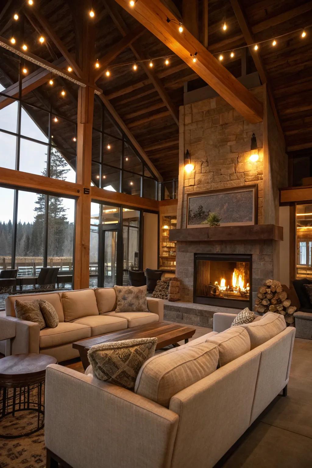 Relax and unwind in a cozy lounge nook, complete with a warming fireplace.