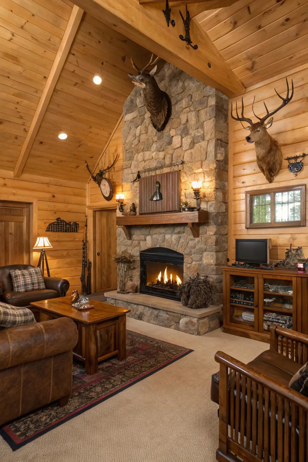 Bask in the snugness of a rustic hunting lodge-themed man cave.