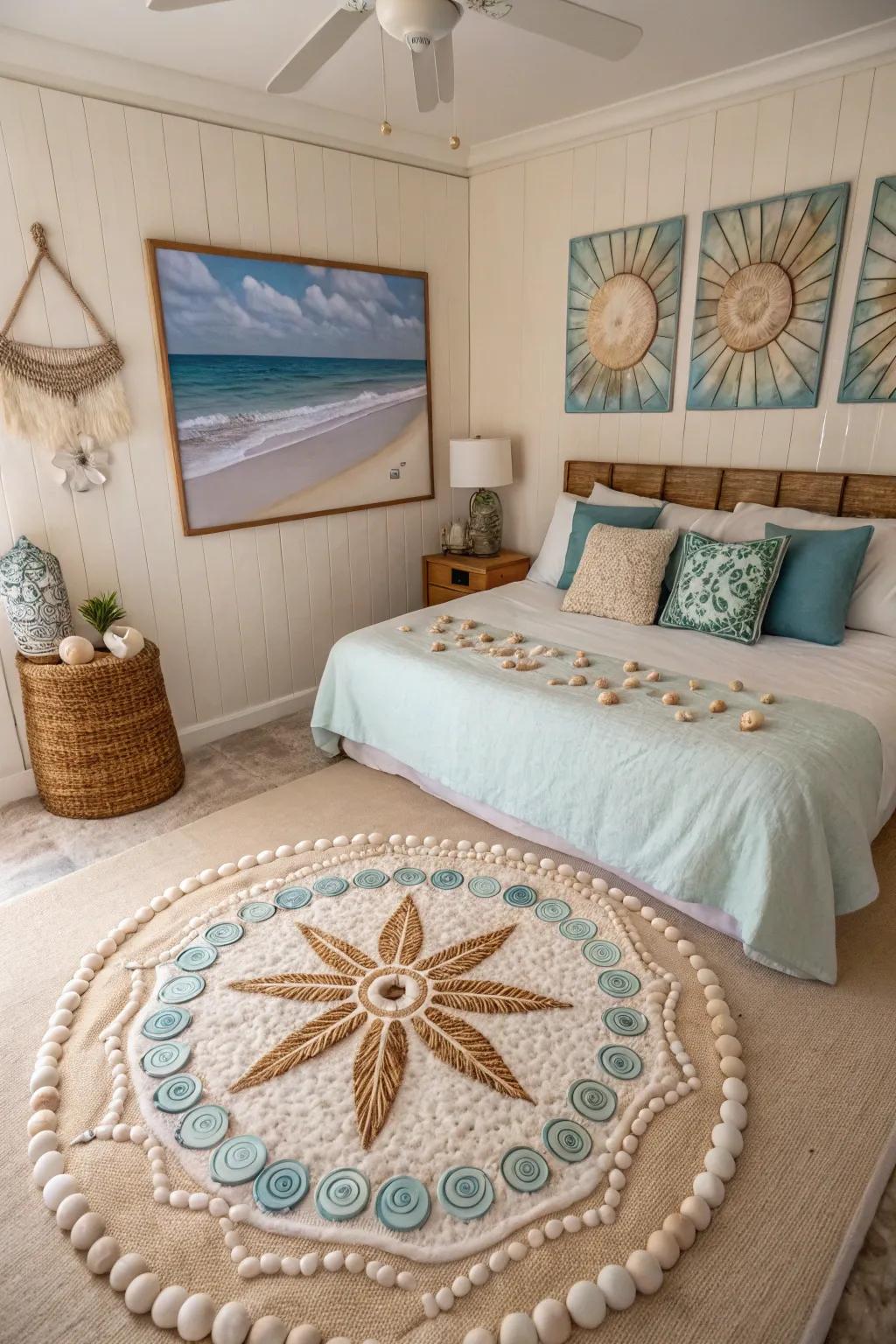 A shell mandala design enhancing a coastal-inspired visitor room.