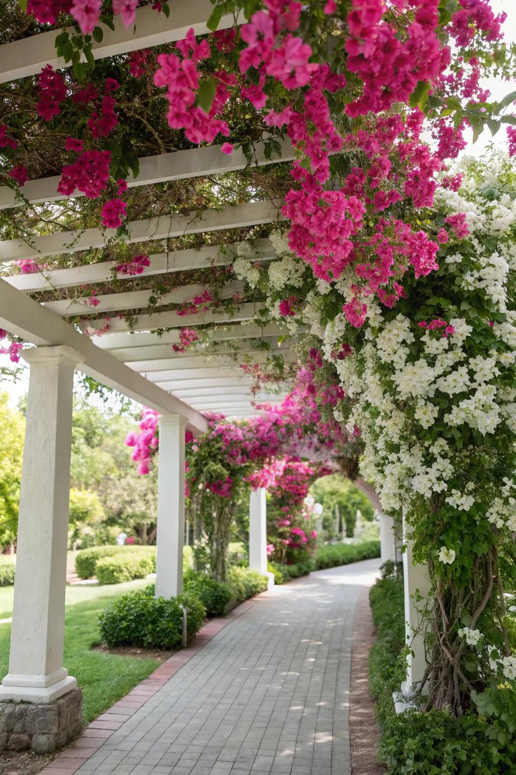A pergola decorated with tropical trumpet flowers provides a gorgeous, shaded dining zone.