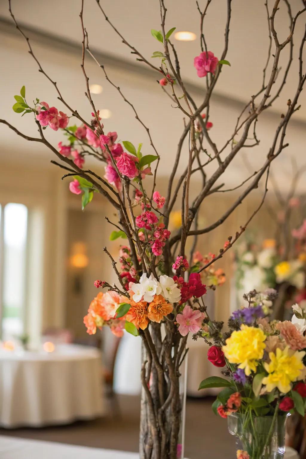 Newly cut blossoms bestow passion upon this manzanita centerpiece.