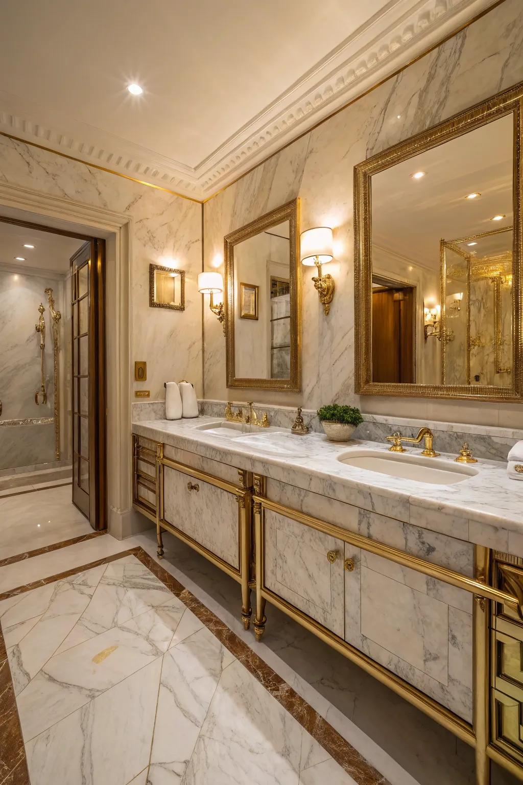 Gold elements enhance the marble ambiance with a hint of opulence.