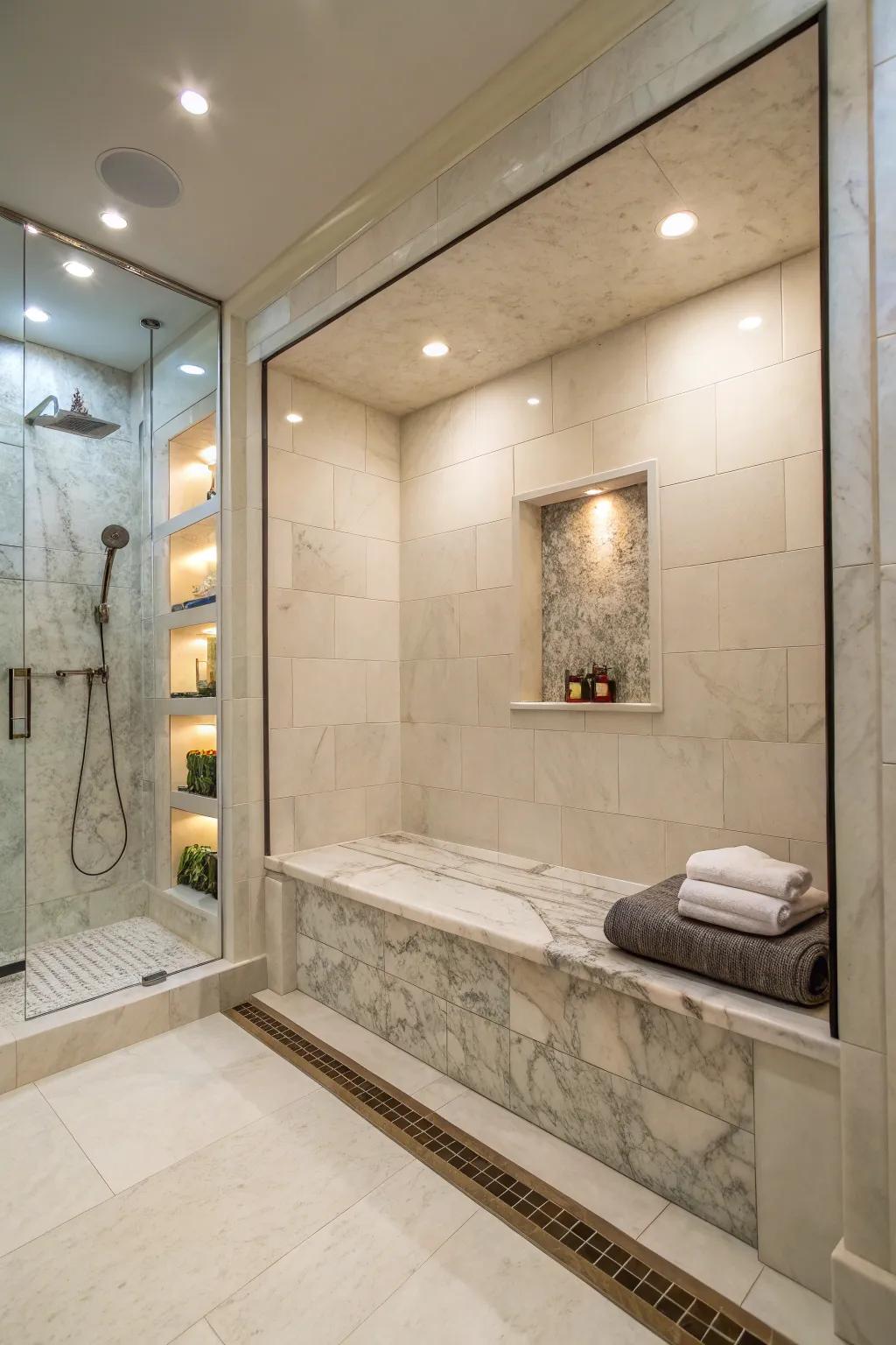 A suspended stone bench under the alcove enhances the shower experience.