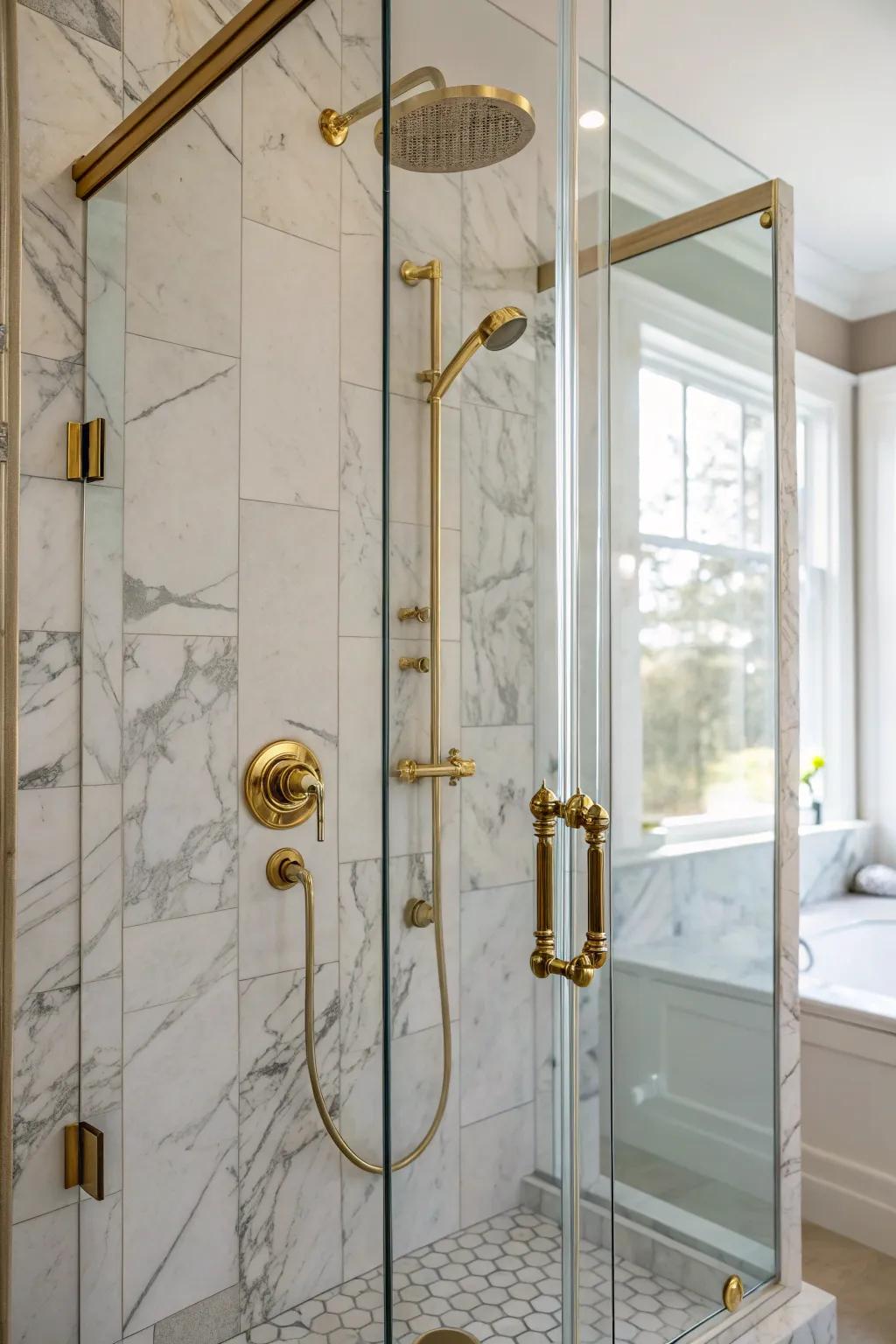 Bronze accents accentuate the grandeur of stone panels.