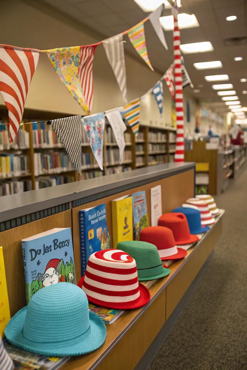 A playful display for Dr. Seuss's birthday with whimsical decorations.