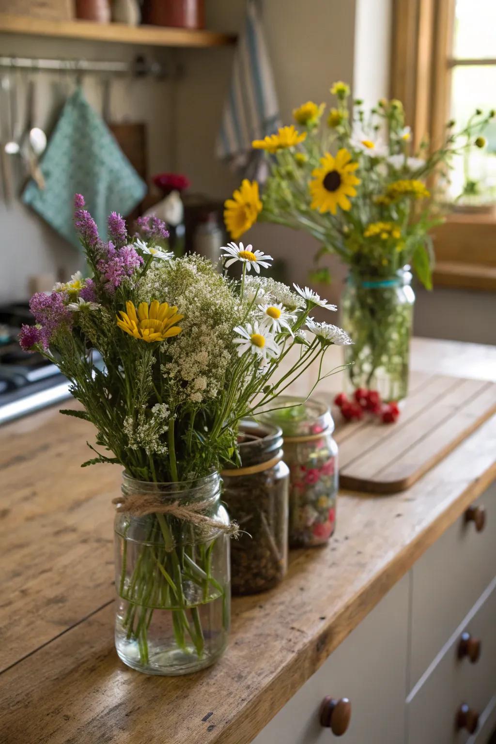 Bring the outside in with countryside floral decorations.