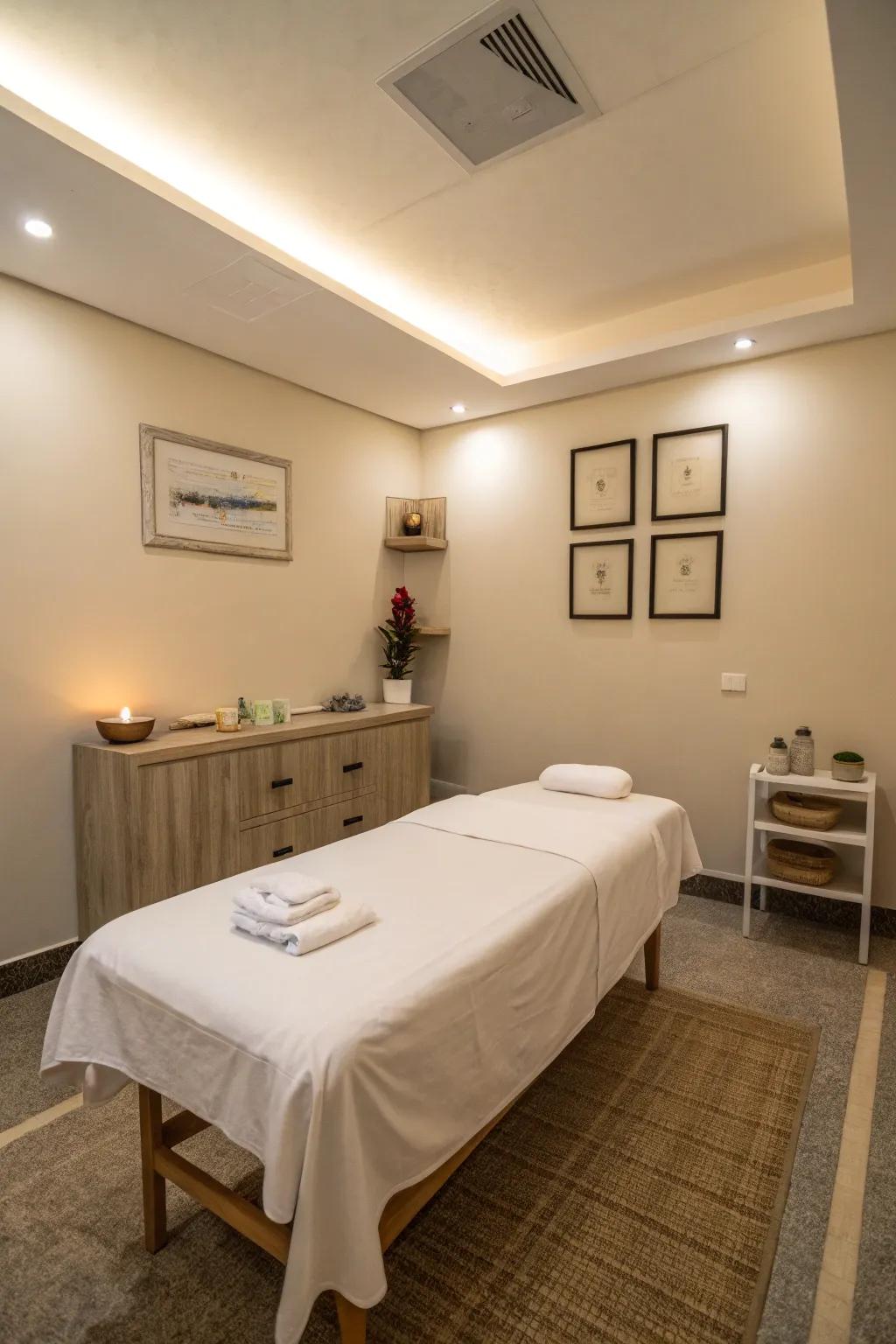 A simple massage room showcasing orderly design and simple decor.