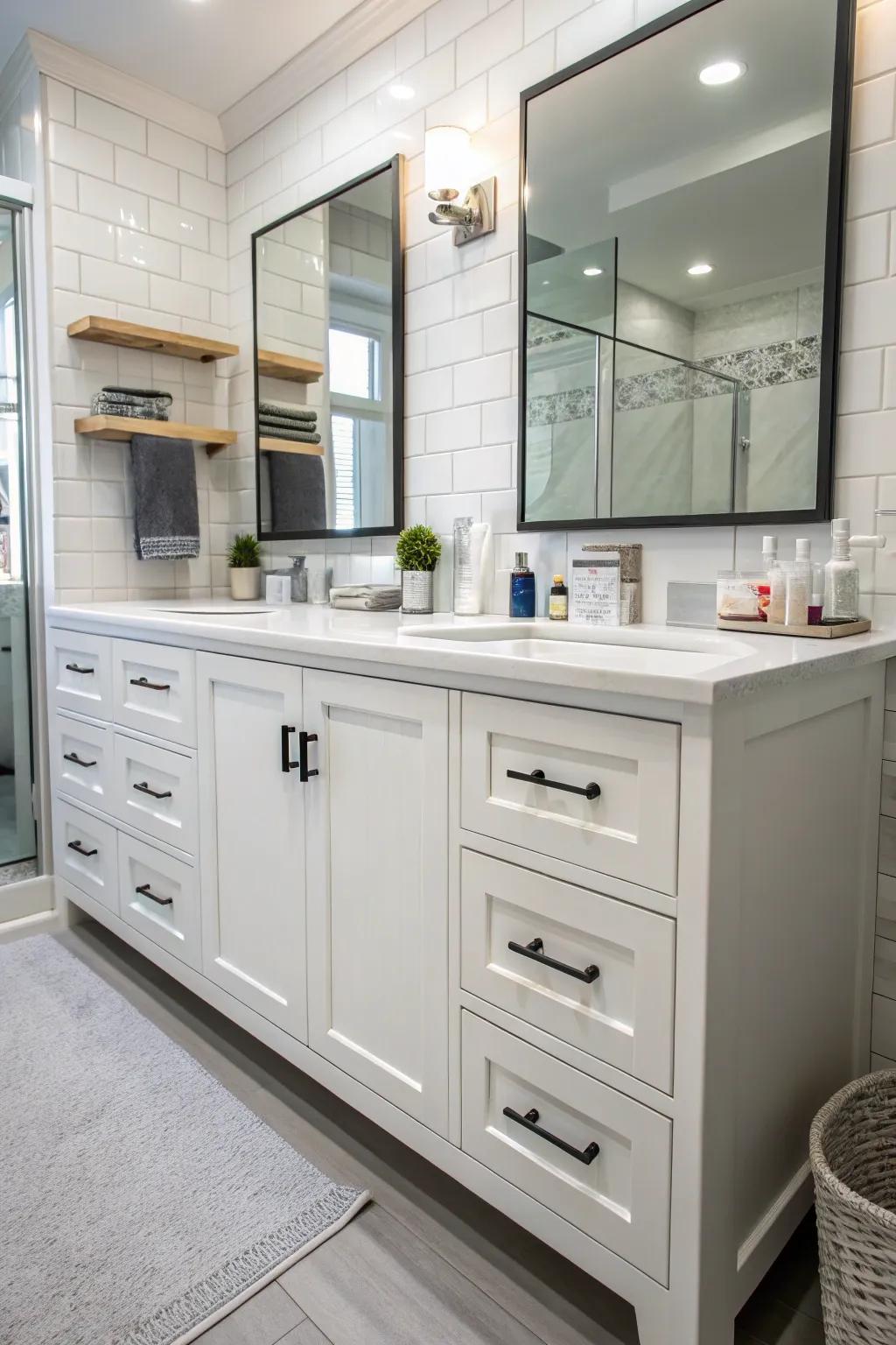 A bathroom vanity with a variety of storage features like drawers and cabinets.