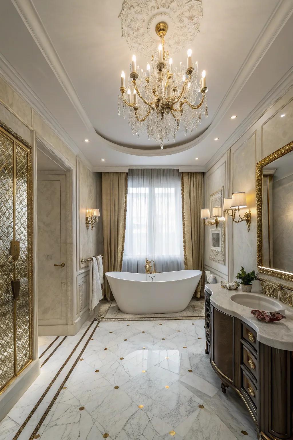 Luxurious bathroom featuring elegant chandelier lighting.
