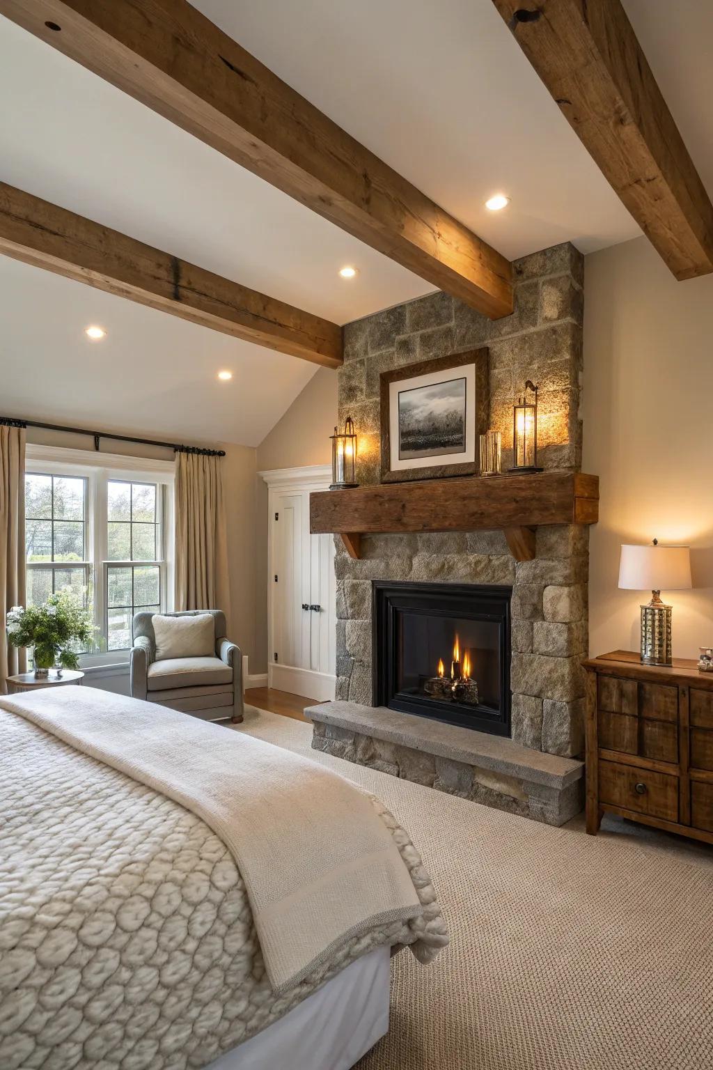 Country allure is amplified using a salvaged timber support beam over the hearth.