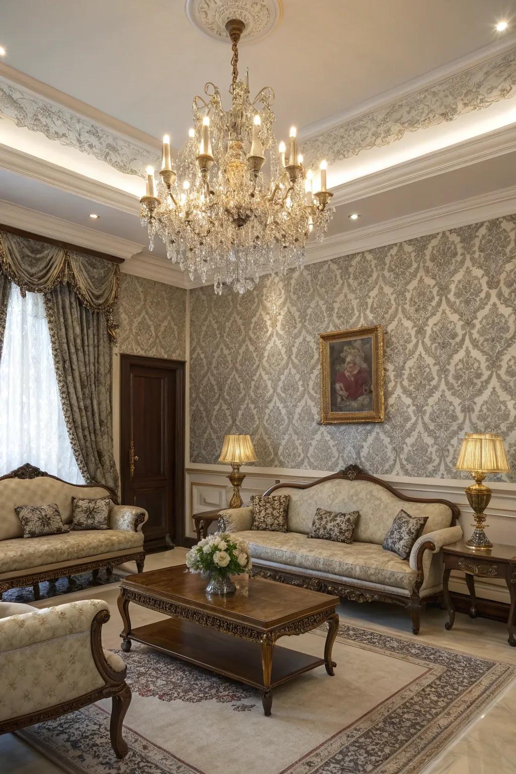 Damask wallpaper lends an air of sophistication to a formal living room.