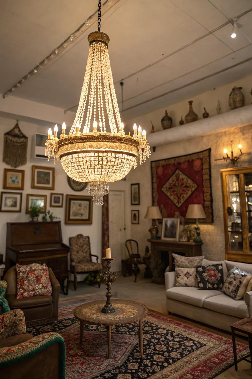 A vintage light fixture contributes sophistication to this maximalist area.