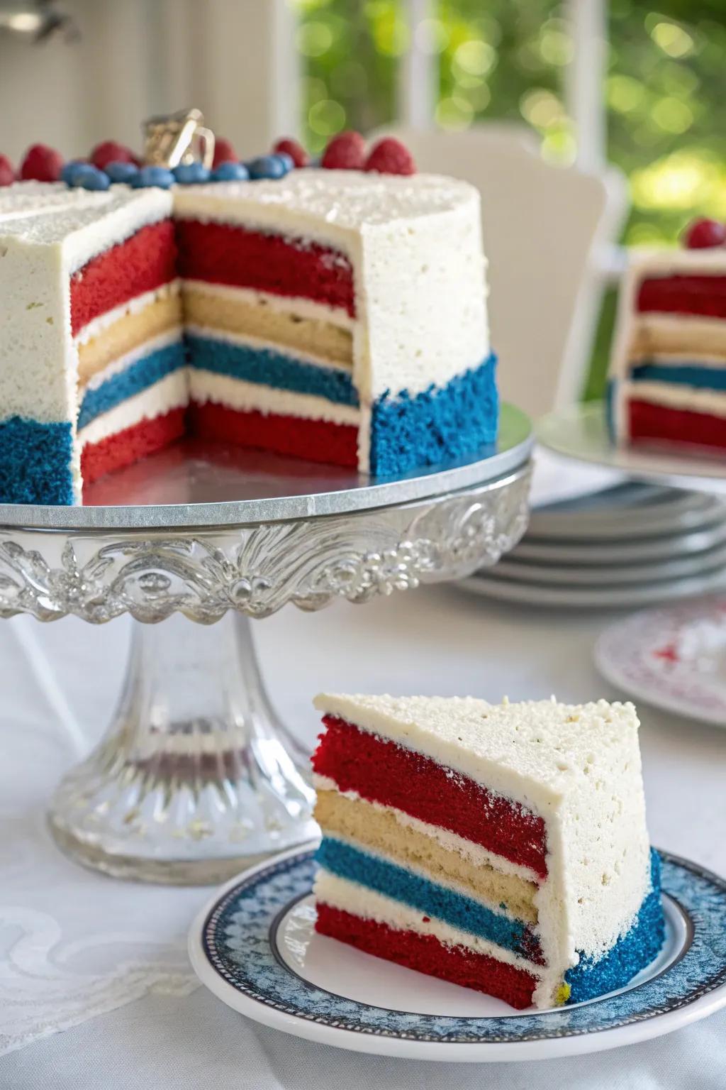 A layered cake that surprises and delights with its hidden patriotic colors.