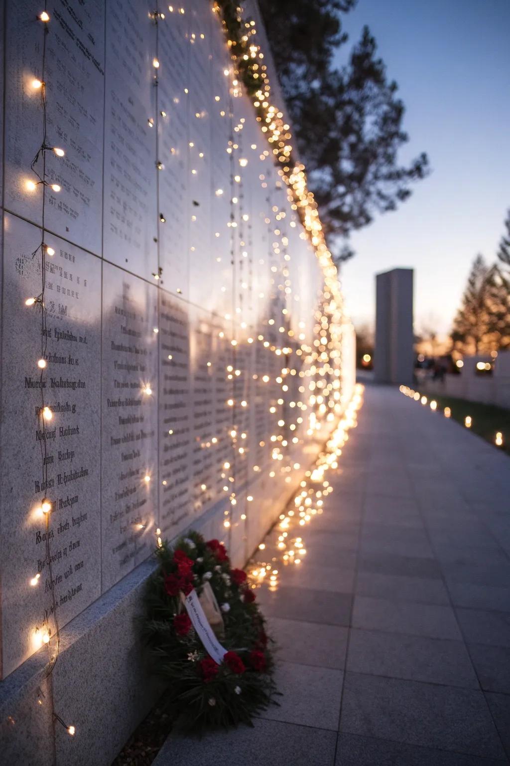 Fairy lights casting a warm glow over a heartfelt tribute display.