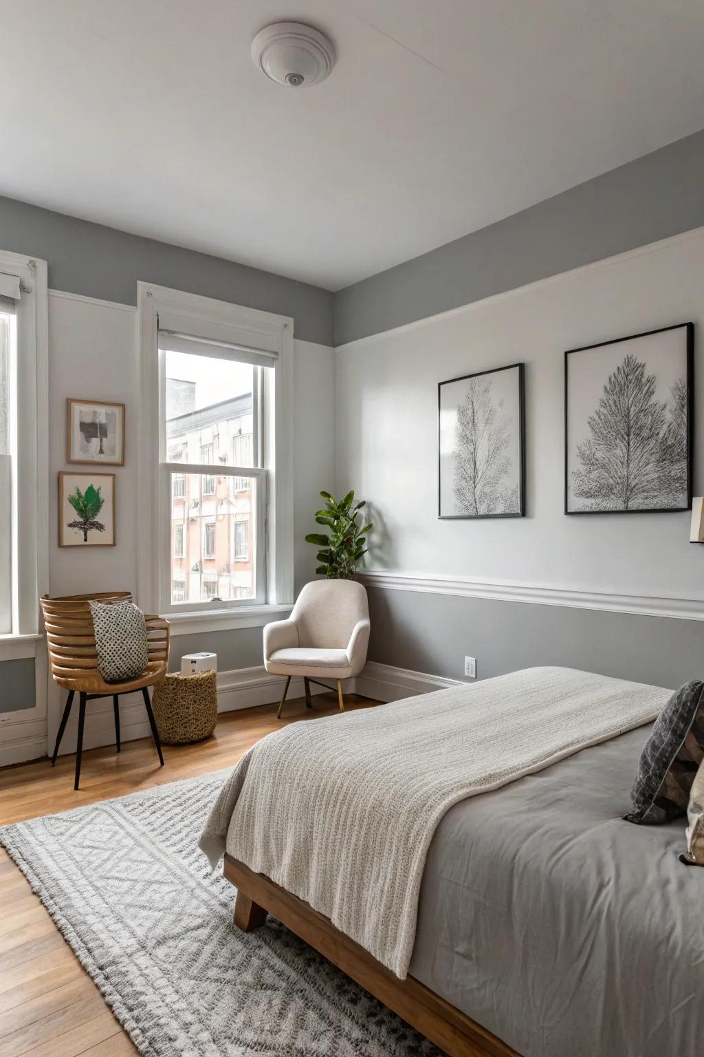 Bipartite painted walls establish a contemporary contrast within this grey-themed bedroom.
