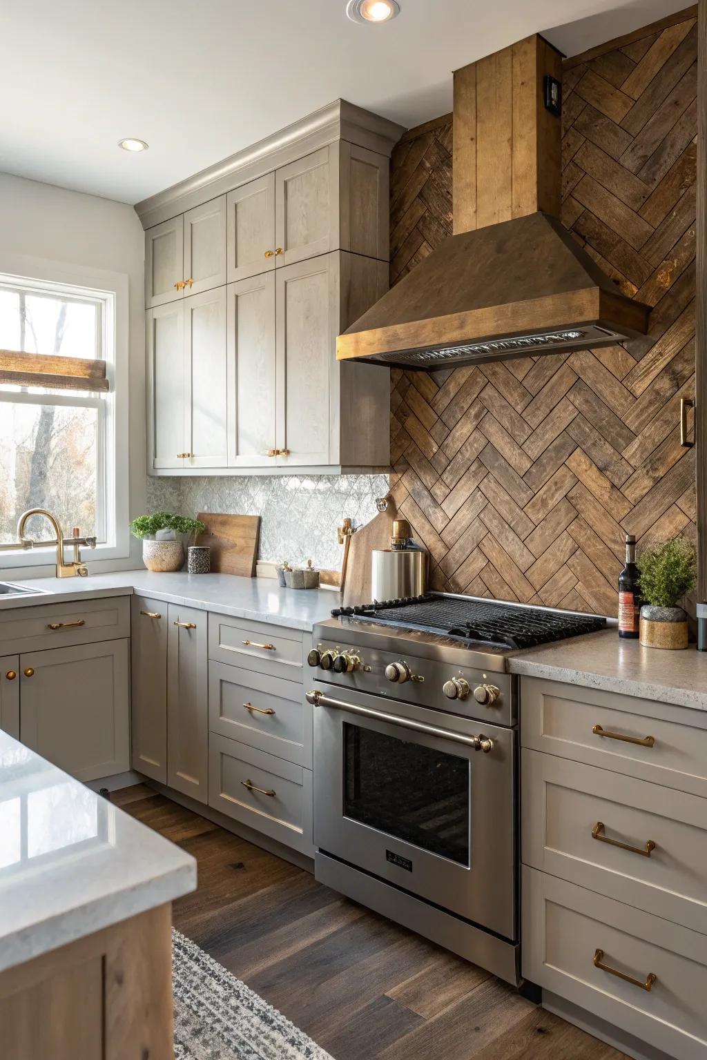 A kitchen featuring a medley of metal and timber in the backsplash.