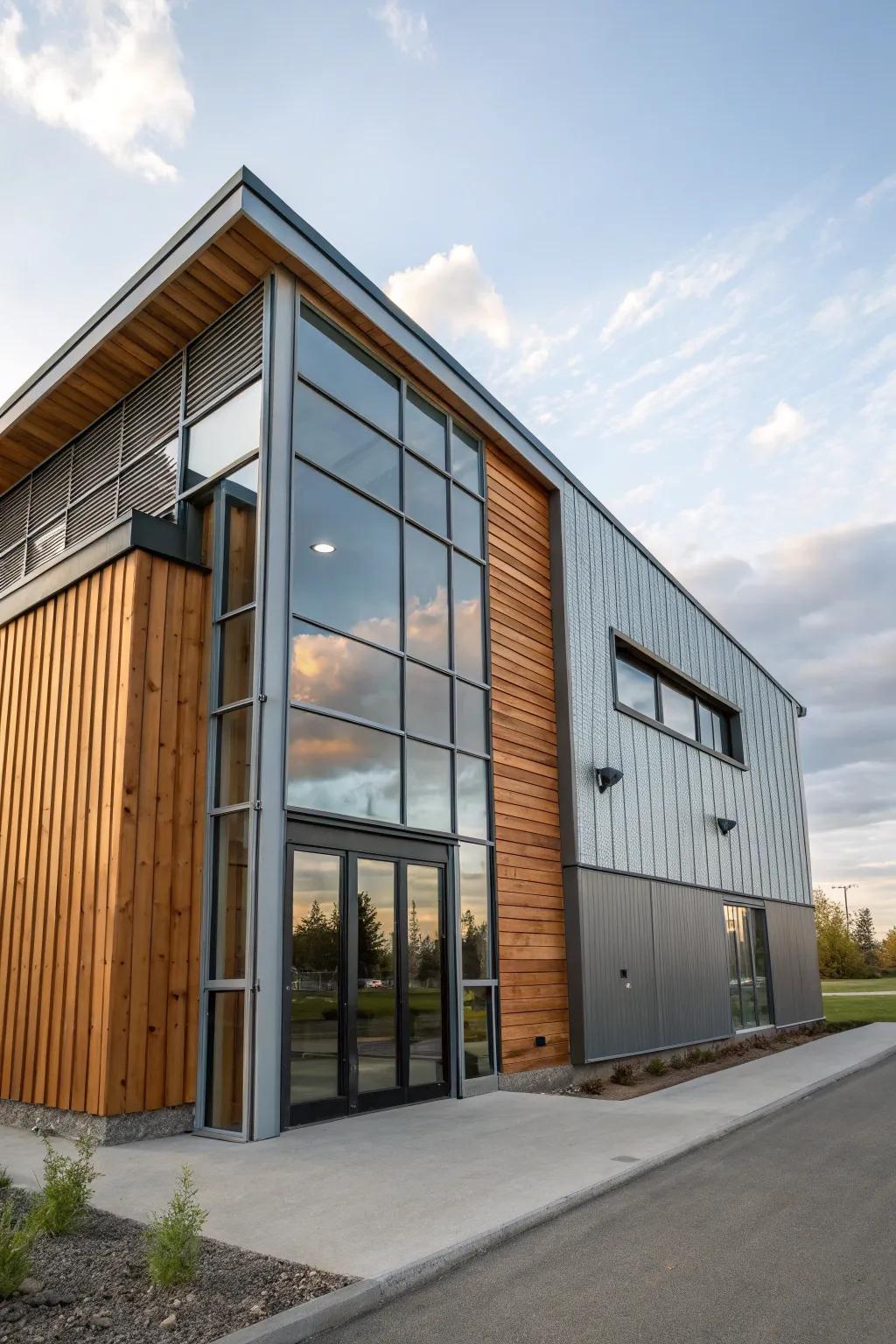 Combined materials create a dynamic and welcoming building exterior.