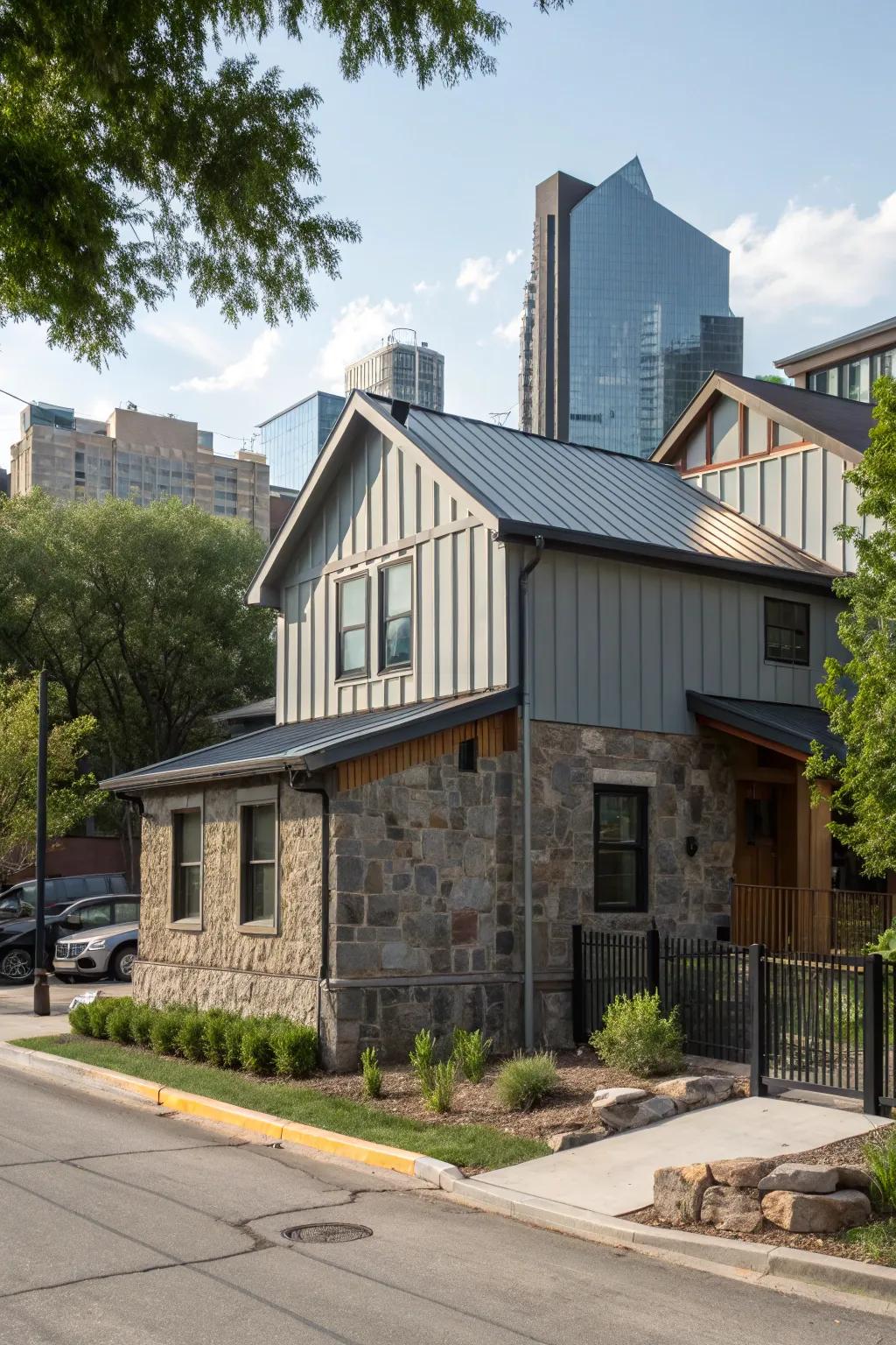 An urban home that skillfully combines metal wall cladding with stone components for added texture.