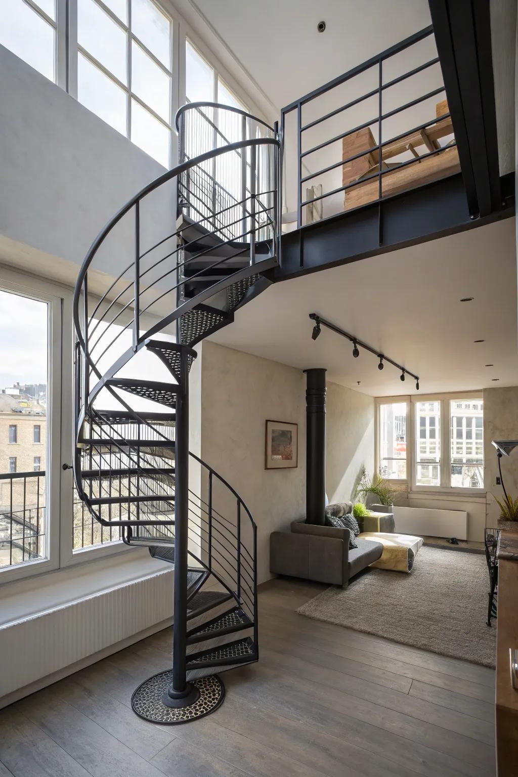 Maximize style in minimal space with a spiral staircase.