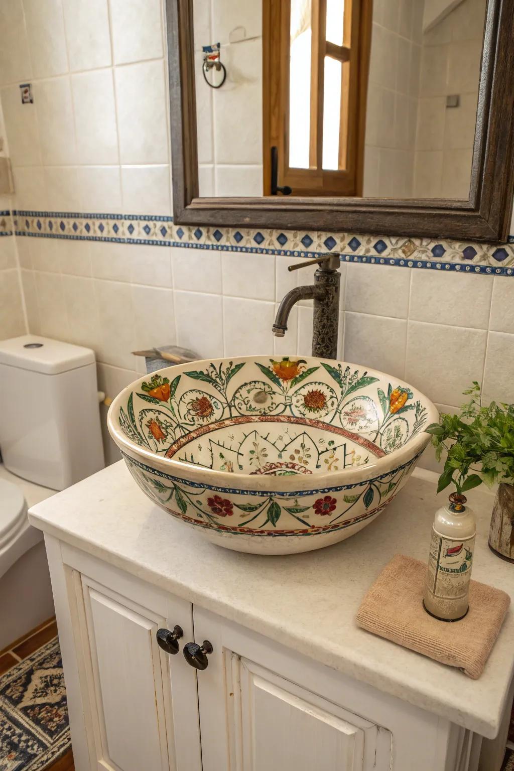 An amazing custom decorated basin as the center of attention.