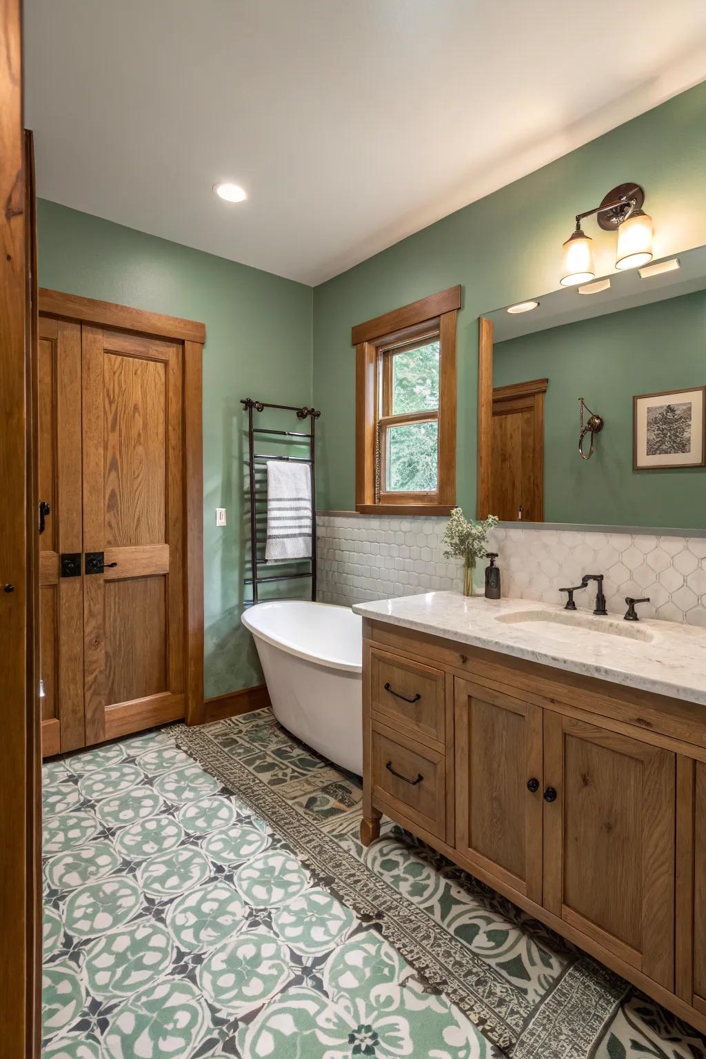 Soft green walls provide a calming backdrop for this mid-century space.