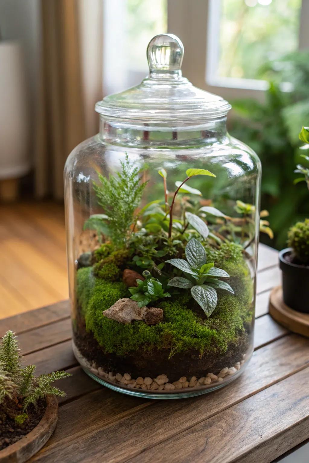 A mesmerizing terrarium displaying lush plants and moss.